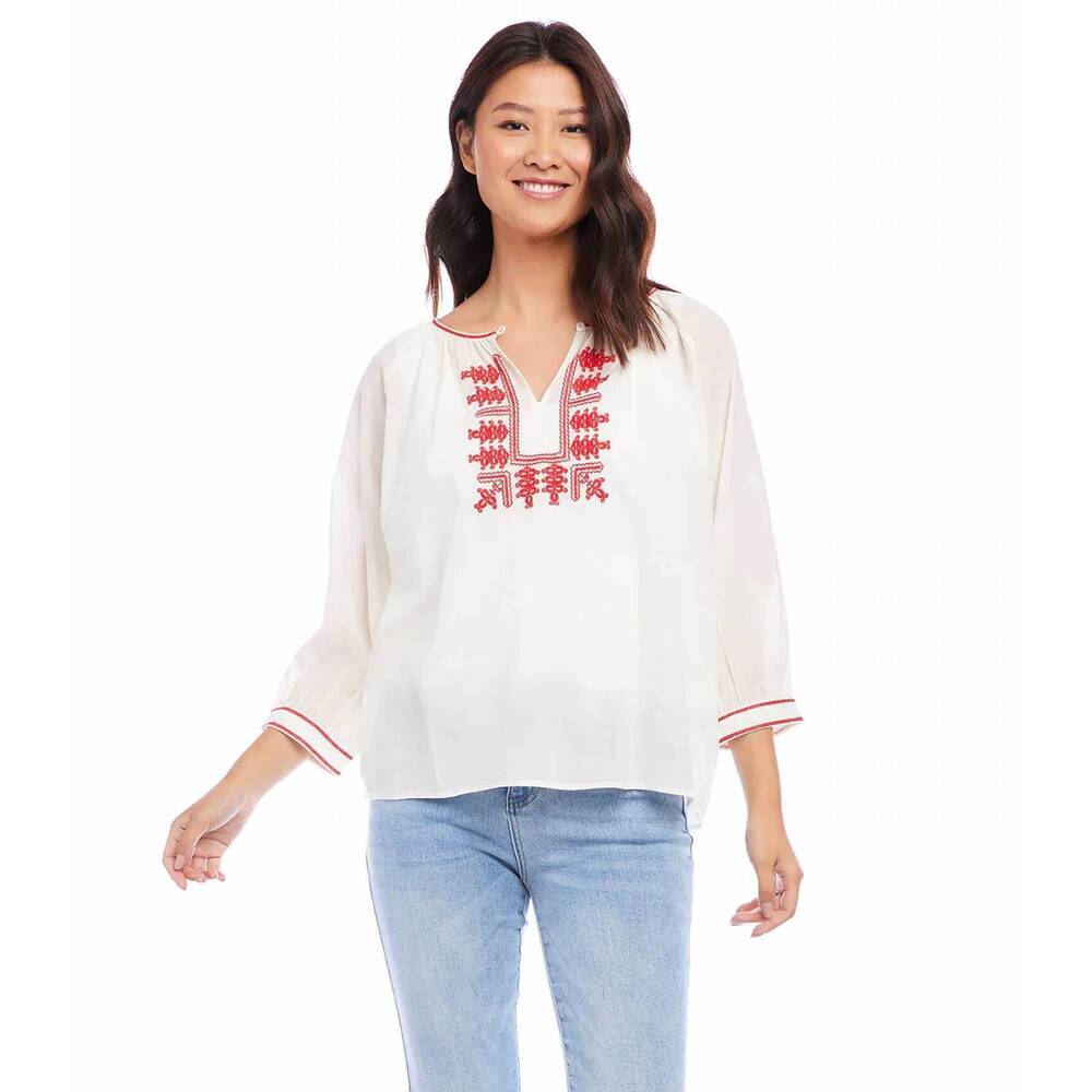 NEW KAREN KANE catrina three-quarter sleeve embroidered top in cream/ red - Picture 2 of 5